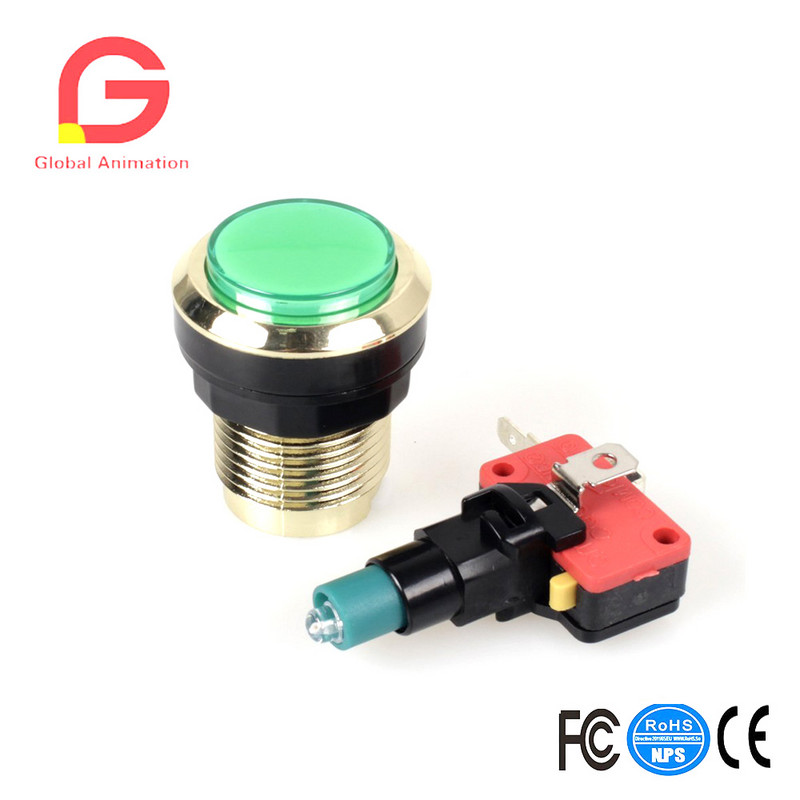 2 vienetų / partijoje Paauksuotas LED apšviestas mygtukas, 30 mm skylės, paauksuoti mygtukai su mikro jungikliu, skirti arkadinių vaizdo žaidimų mašinai