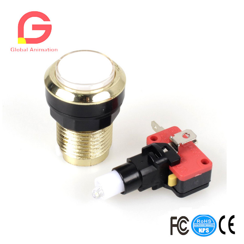 2 vienetų / partijoje Paauksuotas LED apšviestas mygtukas, 30 mm skylės, paauksuoti mygtukai su mikro jungikliu, skirti arkadinių vaizdo žaidimų mašinai