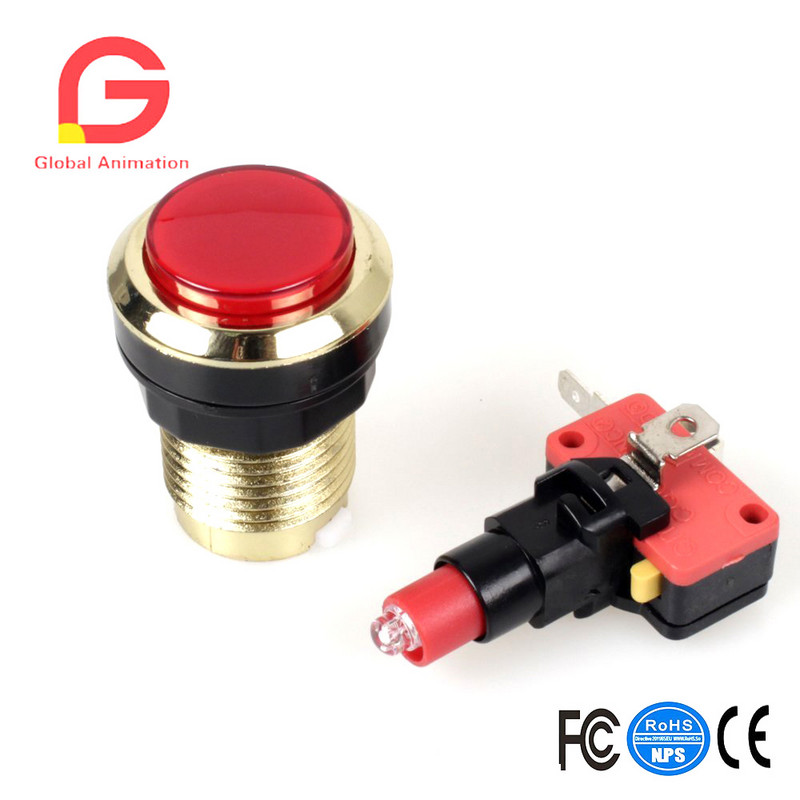 2 vienetų / partijoje Paauksuotas LED apšviestas mygtukas, 30 mm skylės, paauksuoti mygtukai su mikro jungikliu, skirti arkadinių vaizdo žaidimų mašinai