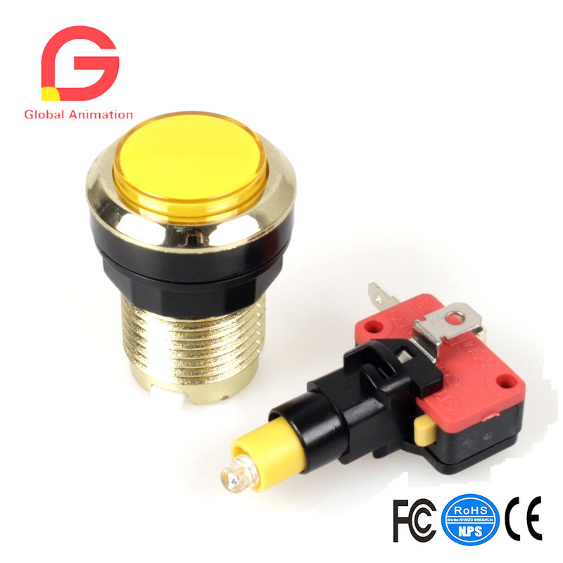 2 vienetų / partijoje Paauksuotas LED apšviestas mygtukas, 30 mm skylės, paauksuoti mygtukai su mikro jungikliu, skirti arkadinių vaizdo žaidimų mašinai