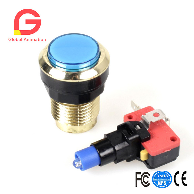 2 vienetų / partijoje Paauksuotas LED apšviestas mygtukas, 30 mm skylės, paauksuoti mygtukai su mikro jungikliu, skirti arkadinių vaizdo žaidimų mašinai