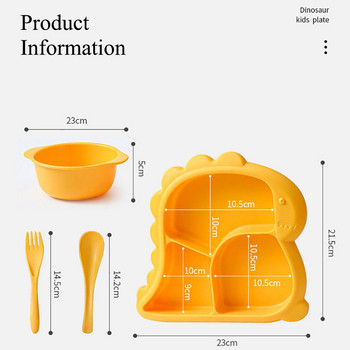 4 PCS Бебешки купички Чинии Лъжици Вилици Комплект прибори за хранене Без бисфенол А Несъдържащи силикон Детски съдове Купа за хранене на динозавърска храна за дете