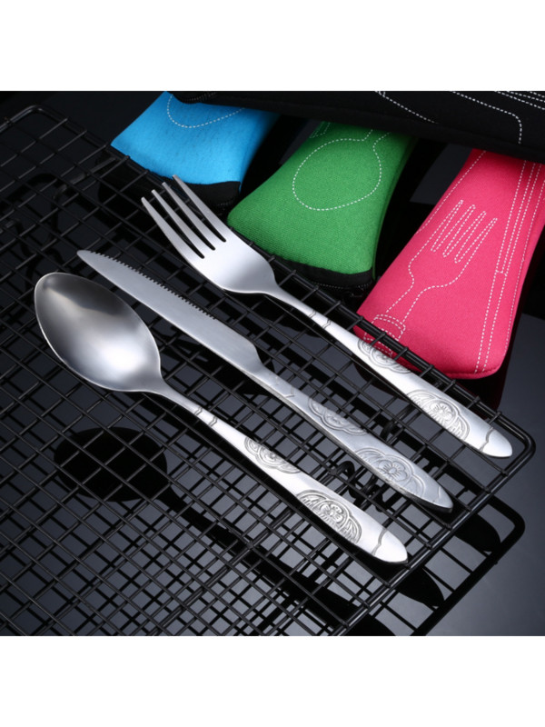 Σετ 4 τμχ/3 τεμ. Φορητά μαχαίρια με στάμπα Πιρούνι κουτάλι από ανοξείδωτο χάλυβα Οικογενειακά μαχαιροπίρουνα μπριζόλας για κάμπινγκ Επιτραπέζια σκεύη με τσάντα