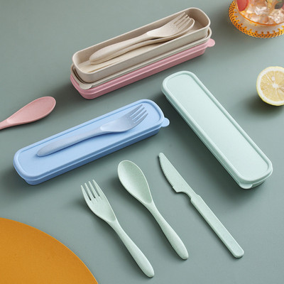 Set posuđa od pšenične slame od 3 komada, prijenosno posuđe, nož, vilica, žlica, ekološki prihvatljiv pribor za jelo, set pribora za jelo, kutija za posuđe, set štapića