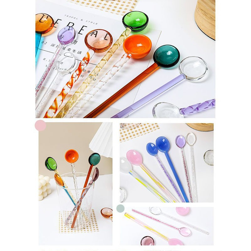 Stiklinis pieno šaukštas spalvotas skaidrus kavos desertas maišymo šaukštai ilgos spiralinės rankenos aukštai temperatūrai atspari virtuvė 1vnt