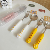 Set de tacâmuri cu gheare de tigru drăguț coreeană, lingură, furculiță, cu carcasă, portabil, pentru călătorie, veselă din oțel inoxidabil, ustensile de bucătărie