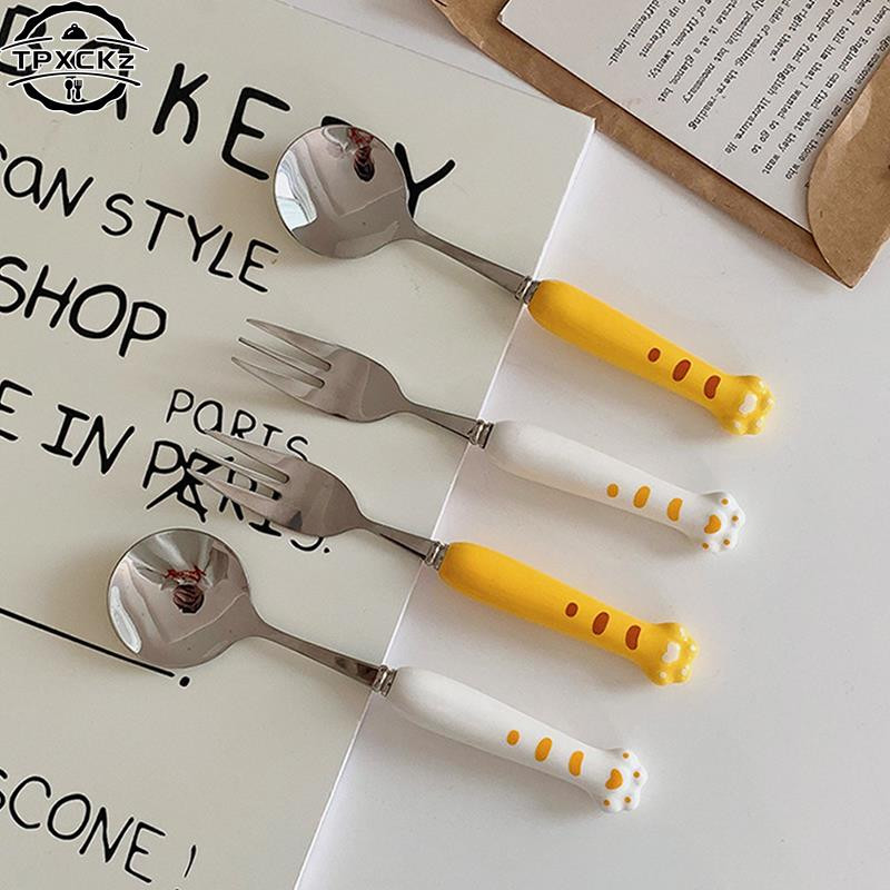 Set de tacâmuri cu gheare de tigru drăguț coreeană, lingură, furculiță, cu carcasă, portabil, pentru călătorie, veselă din oțel inoxidabil, ustensile de bucătărie