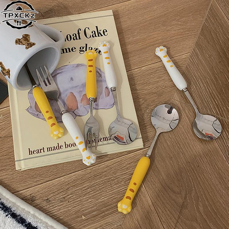 Set de tacâmuri cu gheare de tigru drăguț coreeană, lingură, furculiță, cu carcasă, portabil, pentru călătorie, veselă din oțel inoxidabil, ustensile de bucătărie