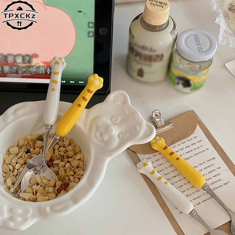 Set de tacâmuri cu gheare de tigru drăguț coreeană, lingură, furculiță, cu carcasă, portabil, pentru călătorie, veselă din oțel inoxidabil, ustensile de bucătărie