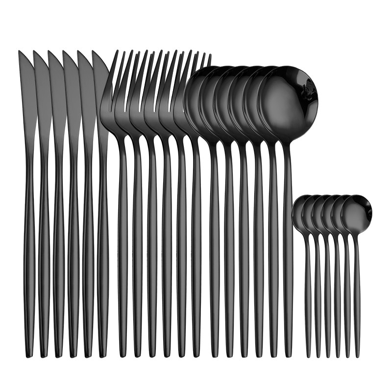 Stalo indai Juodi sidabriniai stalo įrankių rinkinys 304 Nerūdijančio plieno Prabangūs pietų reikmenys Home Drop laivas Šakės Šaukštas Peilis Virtuvės vakarienės rinkinys