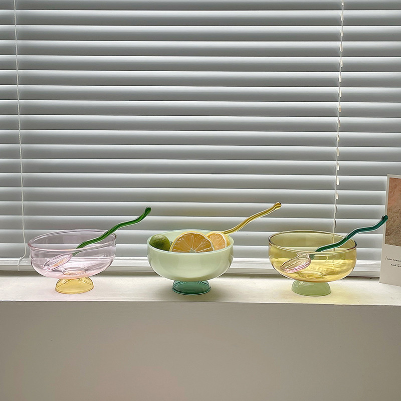 INS spalvingas stiklinis desertinis dubuo didelės talpos ledų dubuo, vaisiai pudingo dubuo Dekoratyvinė sriuba, salotos, pyragas, dubuo, vakarėlis.