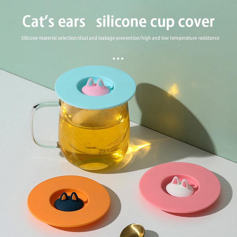 Katės ausų silikono puodelio dangtelis, atsparus dulkėms, nepralaidus arbatai, kava, sandariai uždarytas dangtelis, dangtelis nuo dulkių sandariklis, siurbimas, sandarus puodelis, daugkartinis įrankis