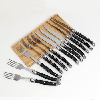 Комплект от 6 ножа и вилици за пържоли от неръждаема стомана Стоманени прибори за хранене Full Tang Laguiole Комплект за хранене с черна ABS дръжка Сервизи