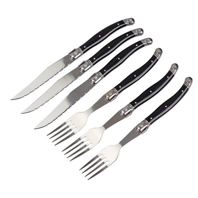 Set de 6 cuțite și furculițe pentru friptură din oțel inoxidabil Set de tacâmuri din oțel Laguiole, cu mâner negru ABS, veselă