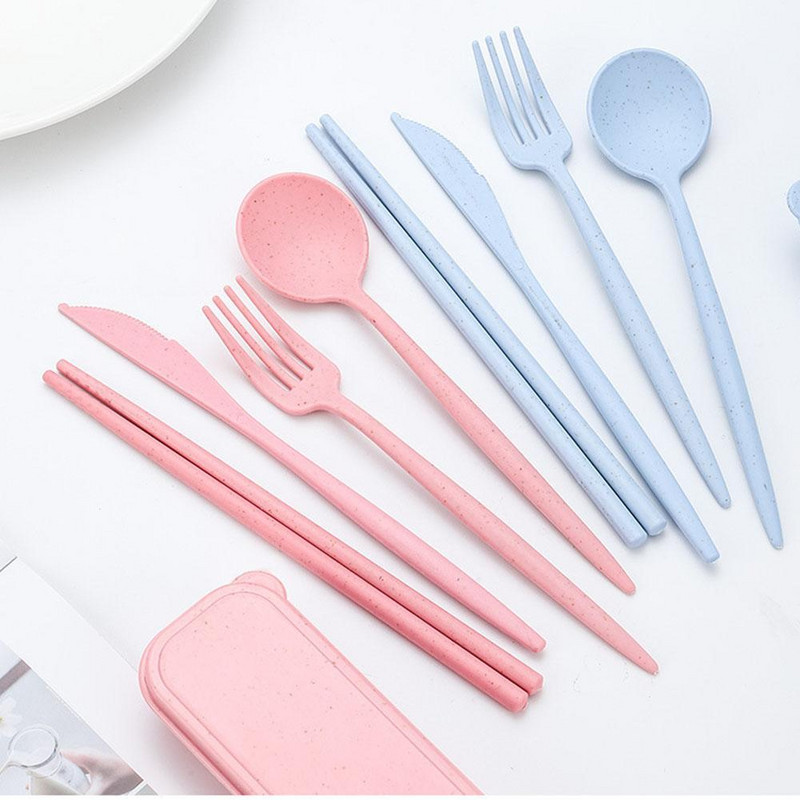 4 vnt. / rinkinys kviečių šiaudų šaukštas stalo įrankiai šakutės lazdelės su dėžute studentams stalo reikmenys Kelioniniai nešiojamieji indai virtuvės priedai