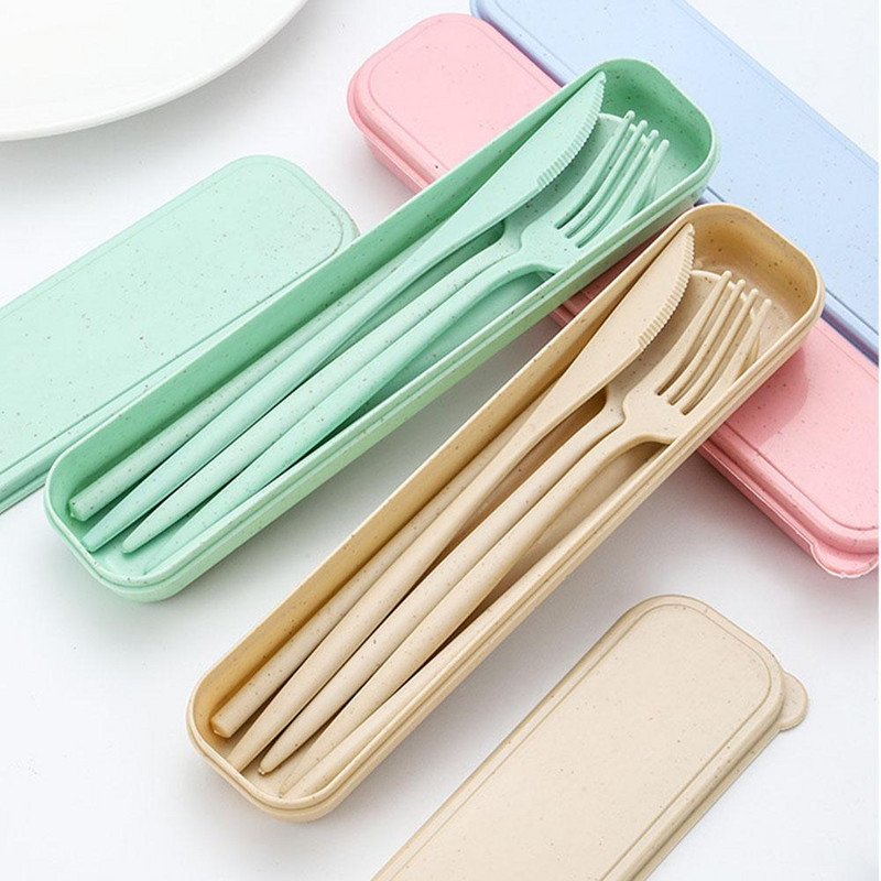 4 vnt. / rinkinys kviečių šiaudų šaukštas stalo įrankiai šakutės lazdelės su dėžute studentams stalo reikmenys Kelioniniai nešiojamieji indai virtuvės priedai