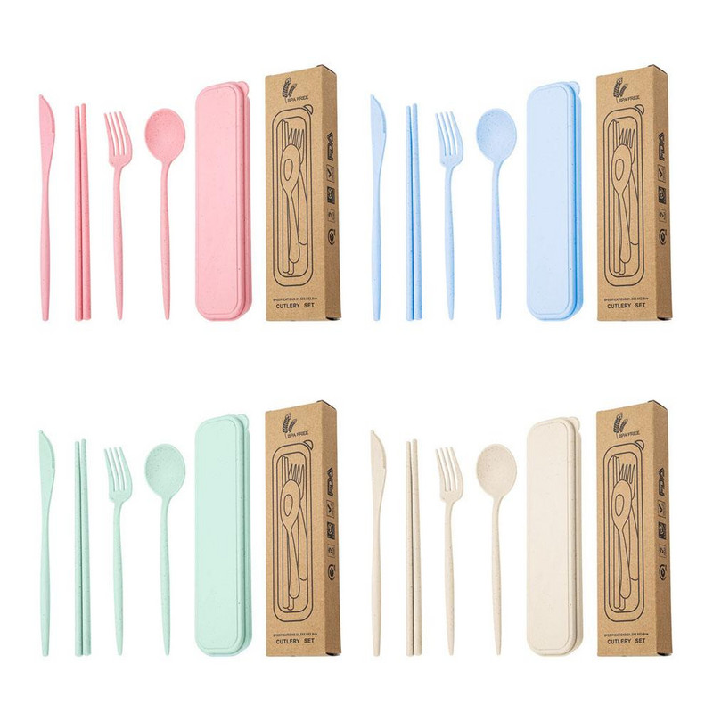 4 vnt. / rinkinys kviečių šiaudų šaukštas stalo įrankiai šakutės lazdelės su dėžute studentams stalo reikmenys Kelioniniai nešiojamieji indai virtuvės priedai