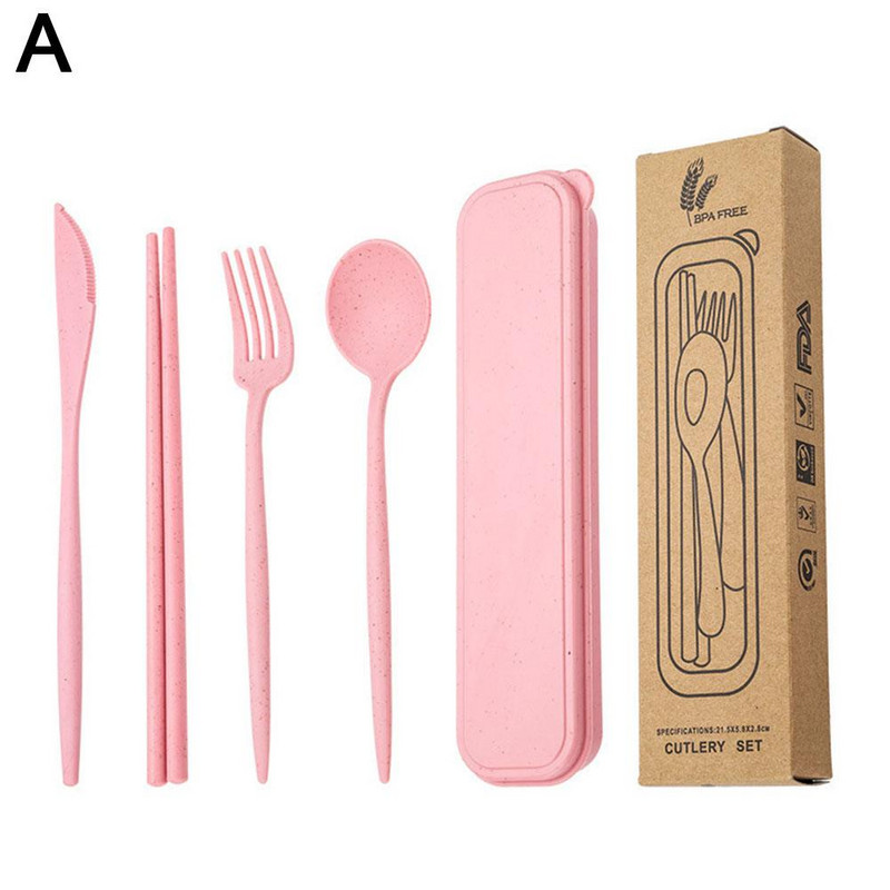 4 vnt. / rinkinys kviečių šiaudų šaukštas stalo įrankiai šakutės lazdelės su dėžute studentams stalo reikmenys Kelioniniai nešiojamieji indai virtuvės priedai