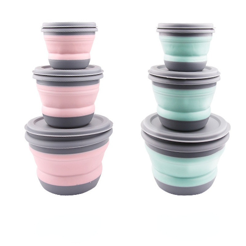 3db/Szett Összecsukható tál szilikon utazási ebéddoboz salátatál fedéllel Bento doboz Bővíthető ételtároló konténer Kemping tárgyak