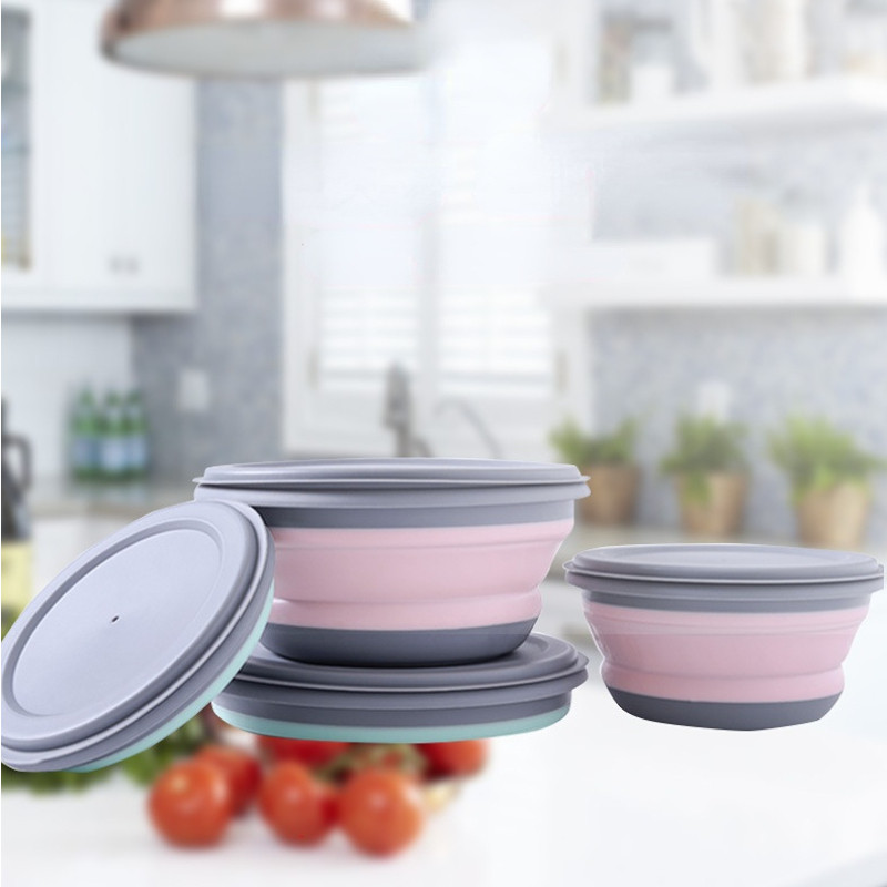 3db/Szett Összecsukható tál szilikon utazási ebéddoboz salátatál fedéllel Bento doboz Bővíthető ételtároló konténer Kemping tárgyak