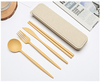 Pribor za jelo Posuđe Žlica Vilica Štapići Sigurno posuđe od pšenične slame s kutijom Prijenosno Kuhinjski pribor za putovanja 4 KOM/Set