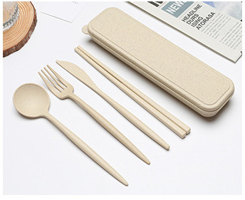Pribor za jelo Posuđe Žlica Vilica Štapići Sigurno posuđe od pšenične slame s kutijom Prijenosno Kuhinjski pribor za putovanja 4 KOM/Set