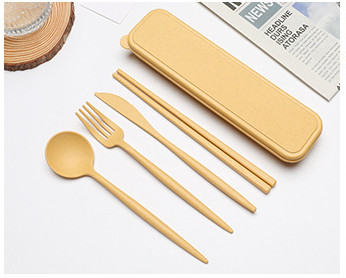 Pribor za jelo Posuđe Žlica Vilica Štapići Sigurno posuđe od pšenične slame s kutijom Prijenosno Kuhinjski pribor za putovanja 4 KOM/Set