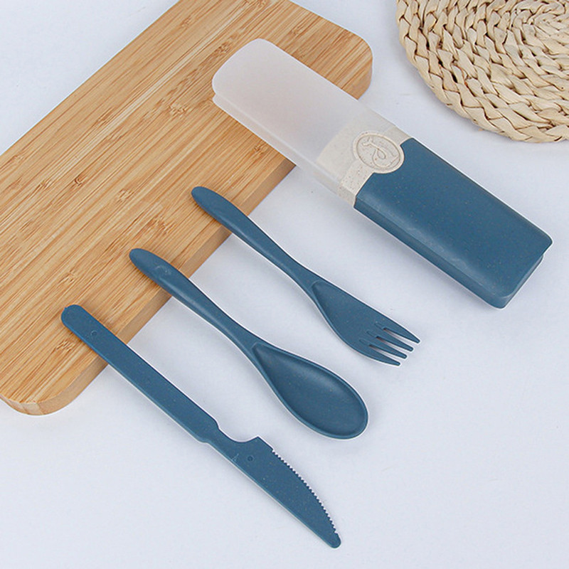 Nešiojamas daugkartinio naudojimo šaukšto šakutės kelioninis piknikas iš kviečių šiaudų stalo įrankių rinkinys su nešiojimo dėžute studentų biurui