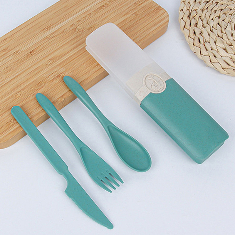 Nešiojamas daugkartinio naudojimo šaukšto šakutės kelioninis piknikas iš kviečių šiaudų stalo įrankių rinkinys su nešiojimo dėžute studentų biurui