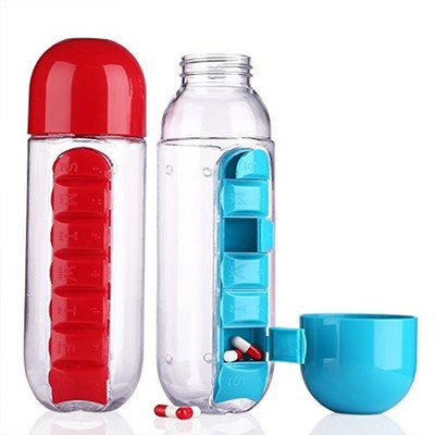 600 ml 7 zile Organizator de medicamente Sticlă de apă cu pastile Sticlă de băutură din plastic cu cutie de medicamente pentru pastile Recipient de băutură de călătorie