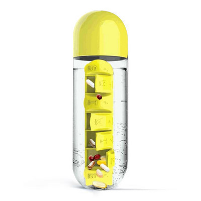 600 мл 7-дневен органайзер за лекарства Бутилка за вода с кутия за хапчета Пластмасова бутилка за напитки с кутия за лекарства за хапчета Пътуващ контейнер за пиене