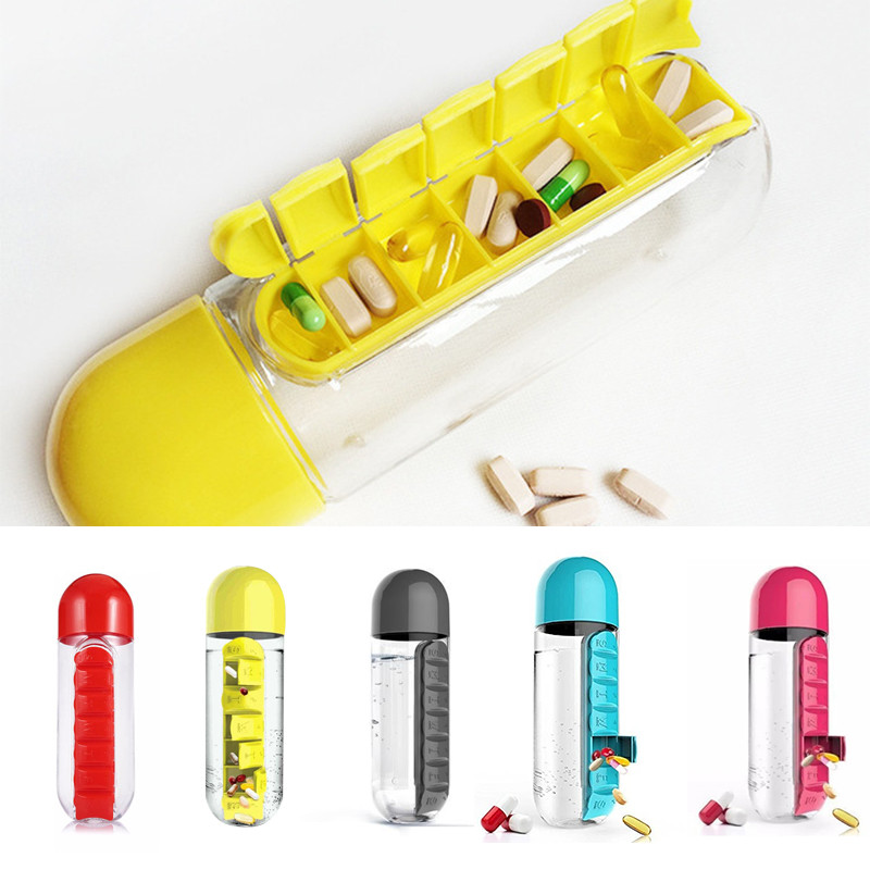 600 мл 7-дневен органайзер за лекарства Бутилка за вода с кутия за хапчета Пластмасова бутилка за напитки с кутия за лекарства за хапчета Пътуващ контейнер за пиене