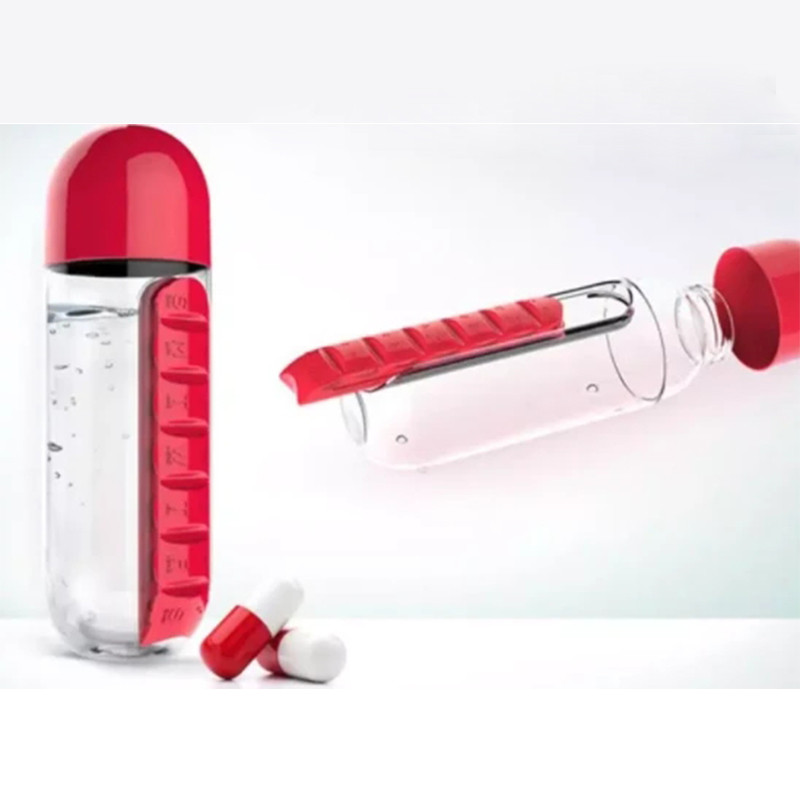 600 мл 7-дневен органайзер за лекарства Бутилка за вода с кутия за хапчета Пластмасова бутилка за напитки с кутия за лекарства за хапчета Пътуващ контейнер за пиене
