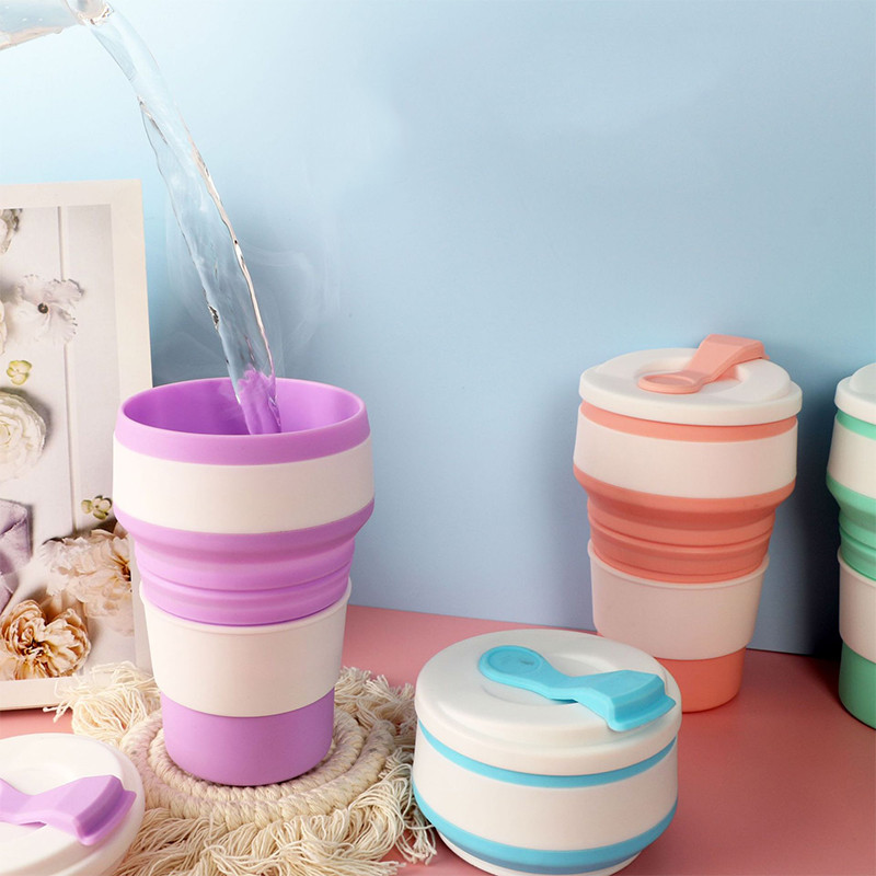 Nešiojamas silikoninis mini sulankstomas puodelis su dangteliu lauko kempingo karštam vandeniui atsparus kavos puodelis Kelioninis burnos skalavimo skystis Teleskopinis puodelis