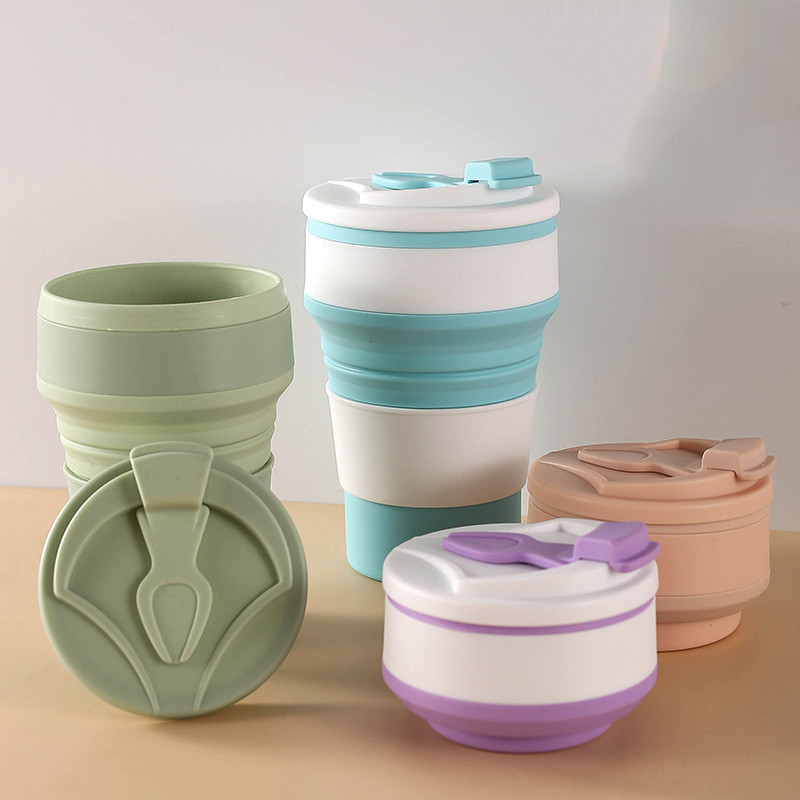 Nešiojamas silikoninis mini sulankstomas puodelis su dangteliu lauko kempingo karštam vandeniui atsparus kavos puodelis Kelioninis burnos skalavimo skystis Teleskopinis puodelis