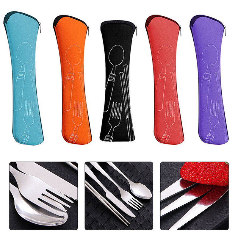 4 tk lauanõude komplekt Kaasaskantav söögiriistade komplekt roostevabast terasest söögipulga kahvel lusikas reisinõud koos karbiga