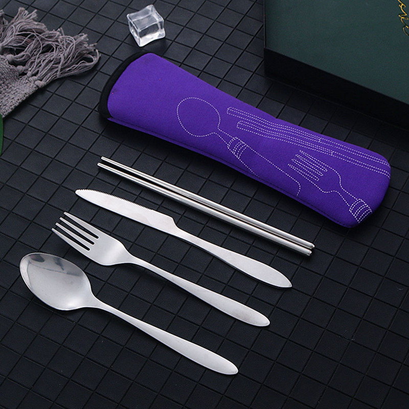 4 tk lauanõude komplekt Kaasaskantav söögiriistade komplekt roostevabast terasest söögipulga kahvel lusikas reisinõud koos karbiga