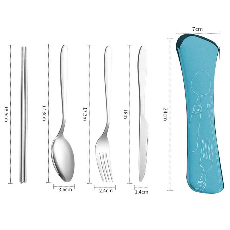 4 tk lauanõude komplekt Kaasaskantav söögiriistade komplekt roostevabast terasest söögipulga kahvel lusikas reisinõud koos karbiga