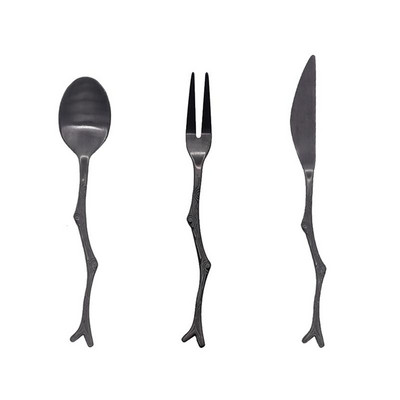 3 tk roostevabast terasest lusikanoa kahvlikomplekt Vintage söögiriistad Black Tree Branch Design puu-magustoidu söögiriistad koduse pärastlõunatee jaoks
