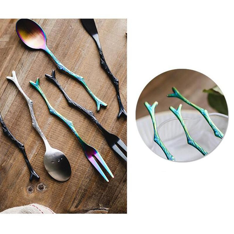 3 tk roostevabast terasest lusikanoa kahvlikomplekt Vintage söögiriistad Black Tree Branch Design puu-magustoidu söögiriistad koduse pärastlõunatee jaoks