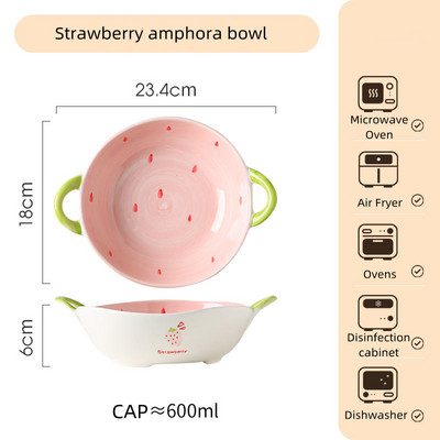 Keraminis braškių makaronų dubuo vaisių salotų dubuo Mielas binauralinis ryžių dubuo Naujas buitinis sriubos dubuo vaisių ir daržovių užkandžių lėkštė