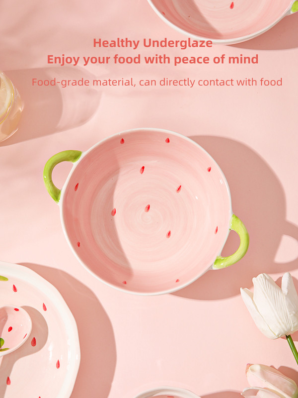 Keraminis braškių makaronų dubuo vaisių salotų dubuo Mielas binauralinis ryžių dubuo Naujas buitinis sriubos dubuo vaisių ir daržovių užkandžių lėkštė