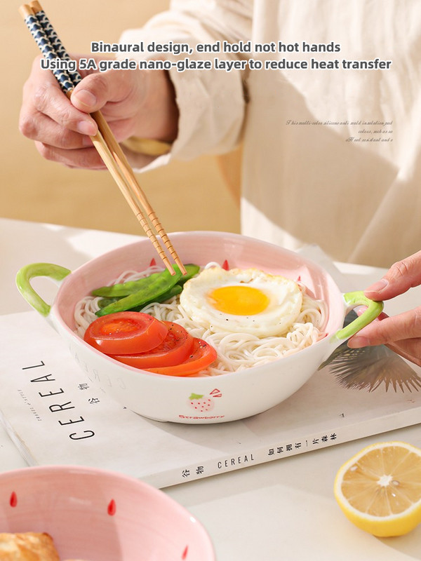 Keraminis braškių makaronų dubuo vaisių salotų dubuo Mielas binauralinis ryžių dubuo Naujas buitinis sriubos dubuo vaisių ir daržovių užkandžių lėkštė