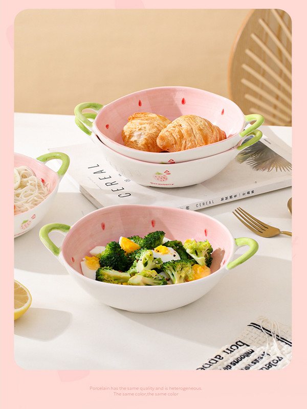 Keraminis braškių makaronų dubuo vaisių salotų dubuo Mielas binauralinis ryžių dubuo Naujas buitinis sriubos dubuo vaisių ir daržovių užkandžių lėkštė