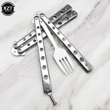 Butterfly Knife Folding Spoon Fork Portable Balisong Training Spoon Fork Butterfly Knife Trainer Outdoor Camping Tableware Tools