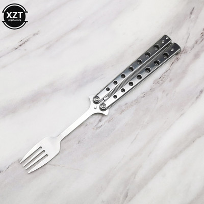 Cuțit fluture lingură pliabilă furculiță portabilă Balisong lingură de antrenament furculiță cuțit fluture antrenor instrumente pentru tacâmuri pentru camping în aer liber