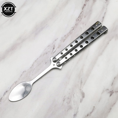Cuțit fluture lingură pliabilă furculiță portabilă Balisong lingură de antrenament furculiță cuțit fluture antrenor instrumente pentru tacâmuri pentru camping în aer liber