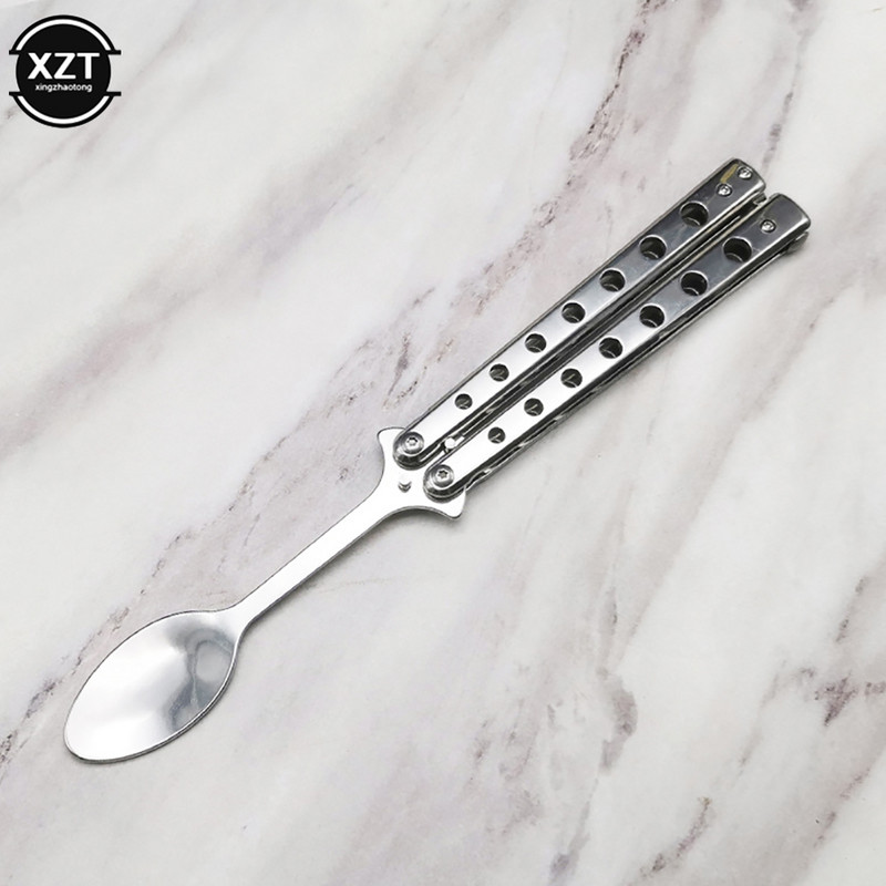 Cuțit fluture lingură pliabilă furculiță portabilă Balisong lingură de antrenament furculiță cuțit fluture antrenor instrumente pentru tacâmuri pentru camping în aer liber