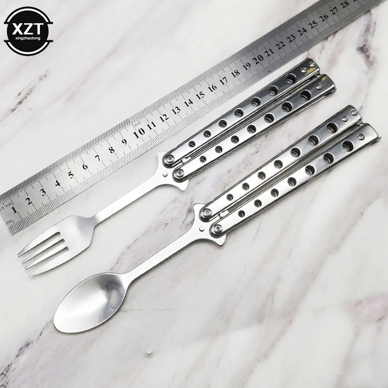 Cuțit fluture lingură pliabilă furculiță portabilă Balisong lingură de antrenament furculiță cuțit fluture antrenor instrumente pentru tacâmuri pentru camping în aer liber