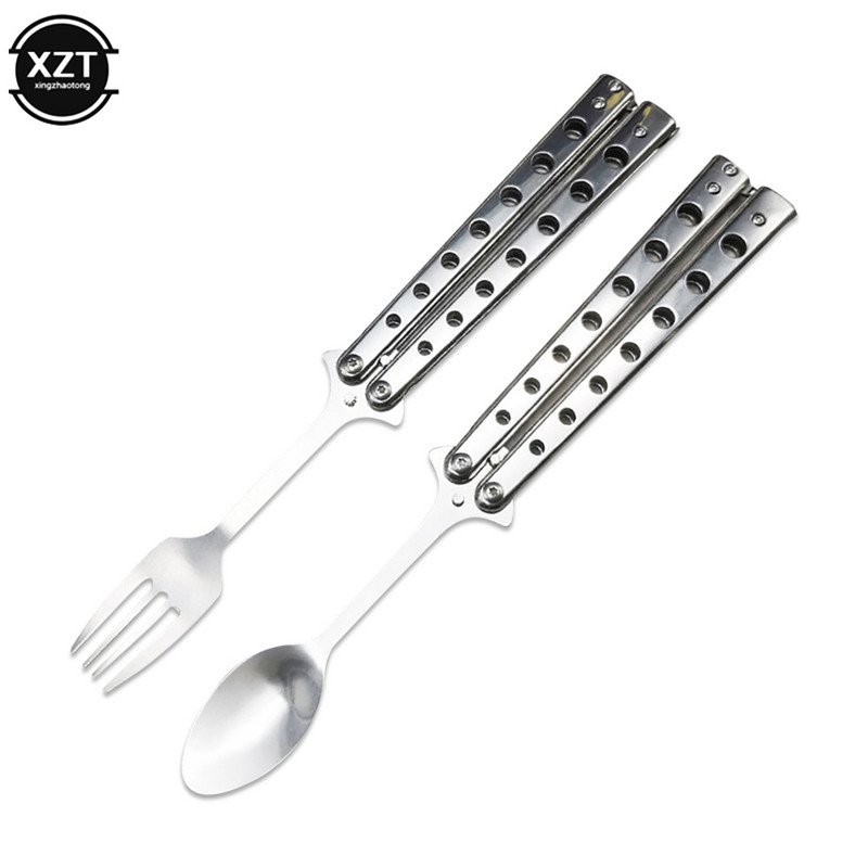 Cuțit fluture lingură pliabilă furculiță portabilă Balisong lingură de antrenament furculiță cuțit fluture antrenor instrumente pentru tacâmuri pentru camping în aer liber
